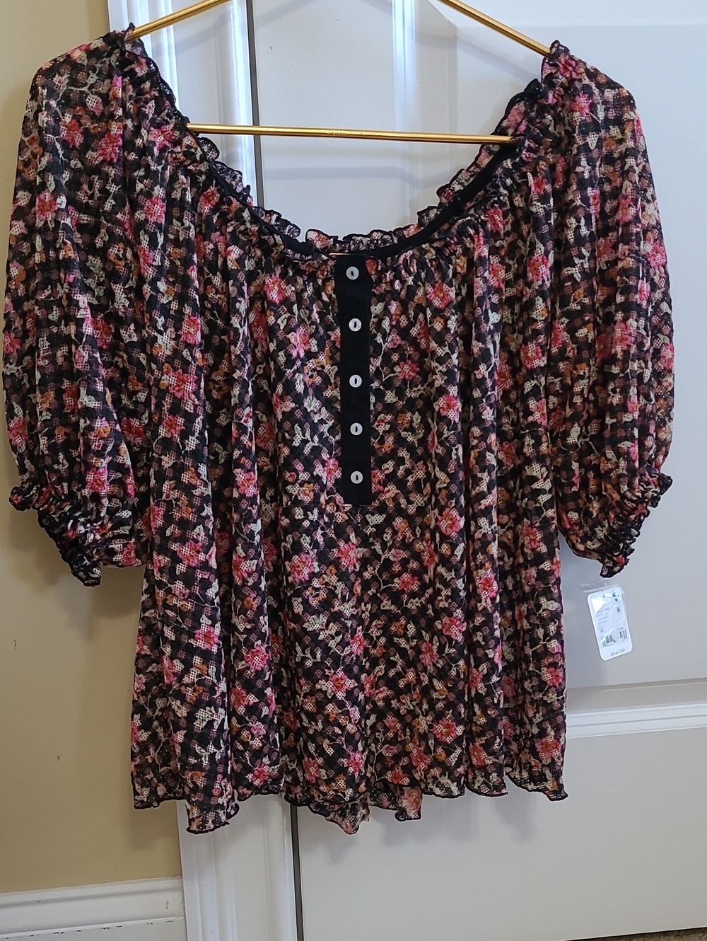 NEW Free People Peasant Top Stretch Flowy Puff Short Sleeve Fits M-L - Picture 6 of 15